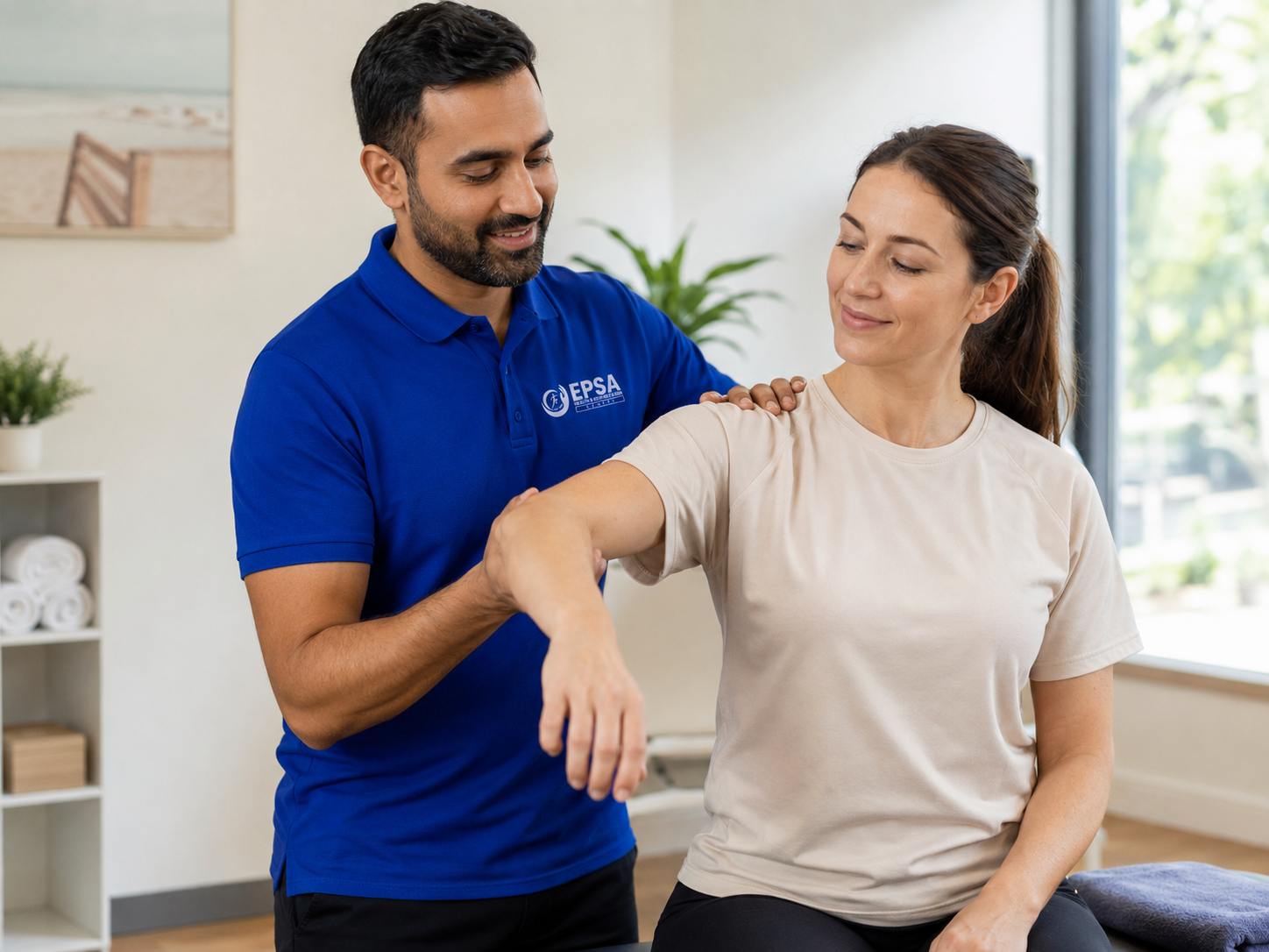 Physiotherapist assisting a client with a shoulder stretch at EPSA Health